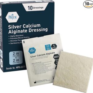 MED PRIDE Silver Calcium Alginate Wound Dressing Pads, Antimicrobial, Non-Stick, Sterile, Highly Absorbent, 10-Pack (2'' x 2'' Silver)