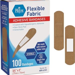 MED PRIDE Hypoallergenic Latex Free Fabric Adhesive Bandages, Nonstick Pad, Sterile, Individually Wrapped (1'' x 3'' - 100 Count)