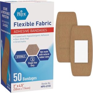 MED PRIDE Sterile Hypoallergenic Fabric Adhesive Bandages, Latex Free, Individually Wrapped, Flexible and Breathable (2” x 4.5'' - 50 Count)